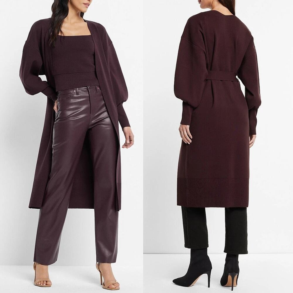 NWT Express Womens Belted Duster Cardigan Sweater Wine Plum Dolman Sleeve M
